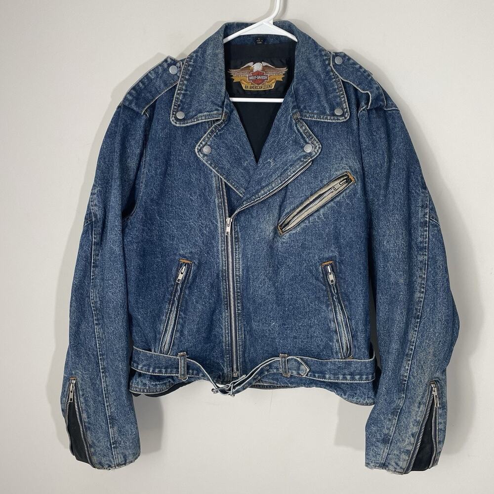 Vintage Harley Davidson Denim Jean Moto Biker Jacket Size Large Leather Accents